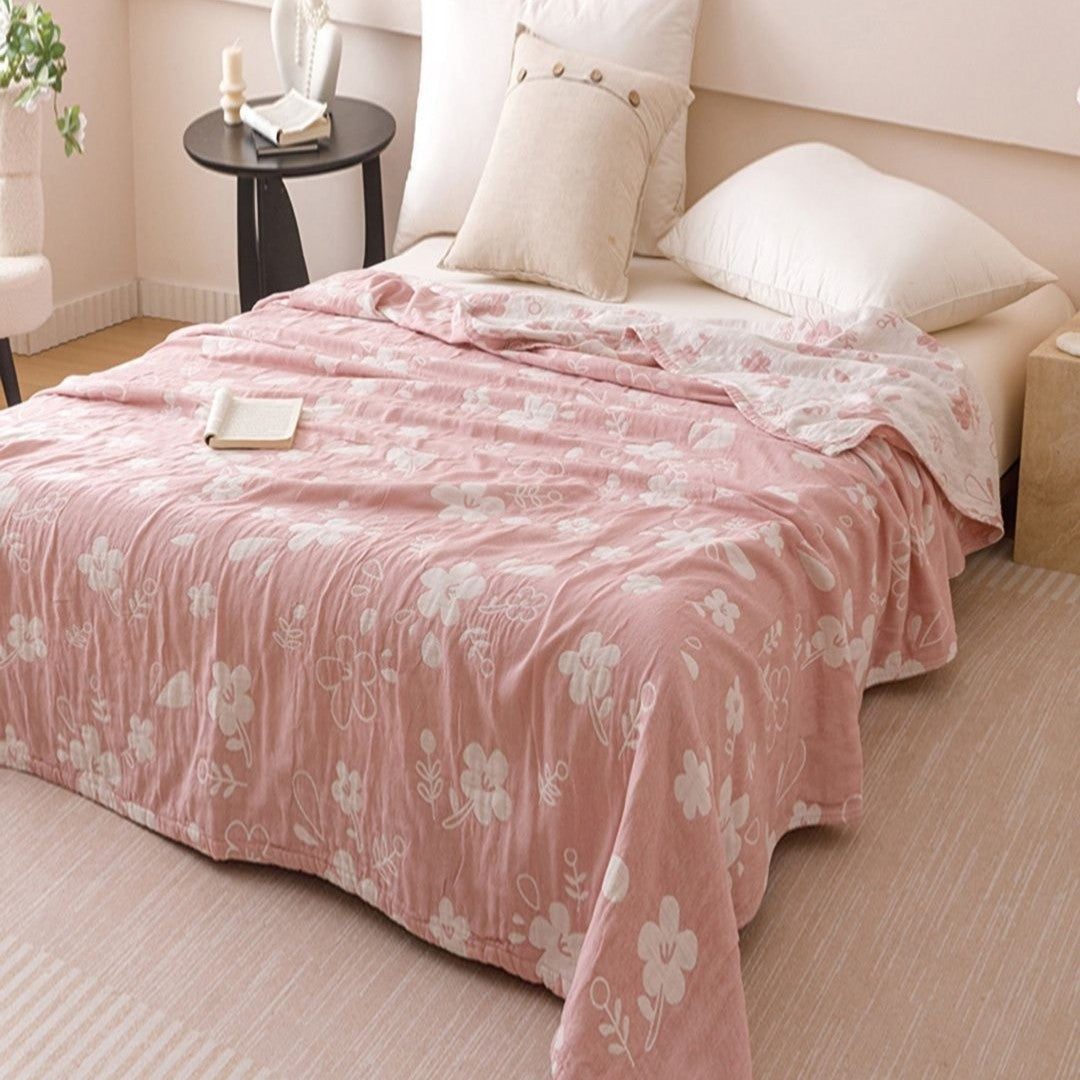 Soft Pink Cotton 3 Layer Gauze Quilt with Floral Jacquard Pattern LD28
