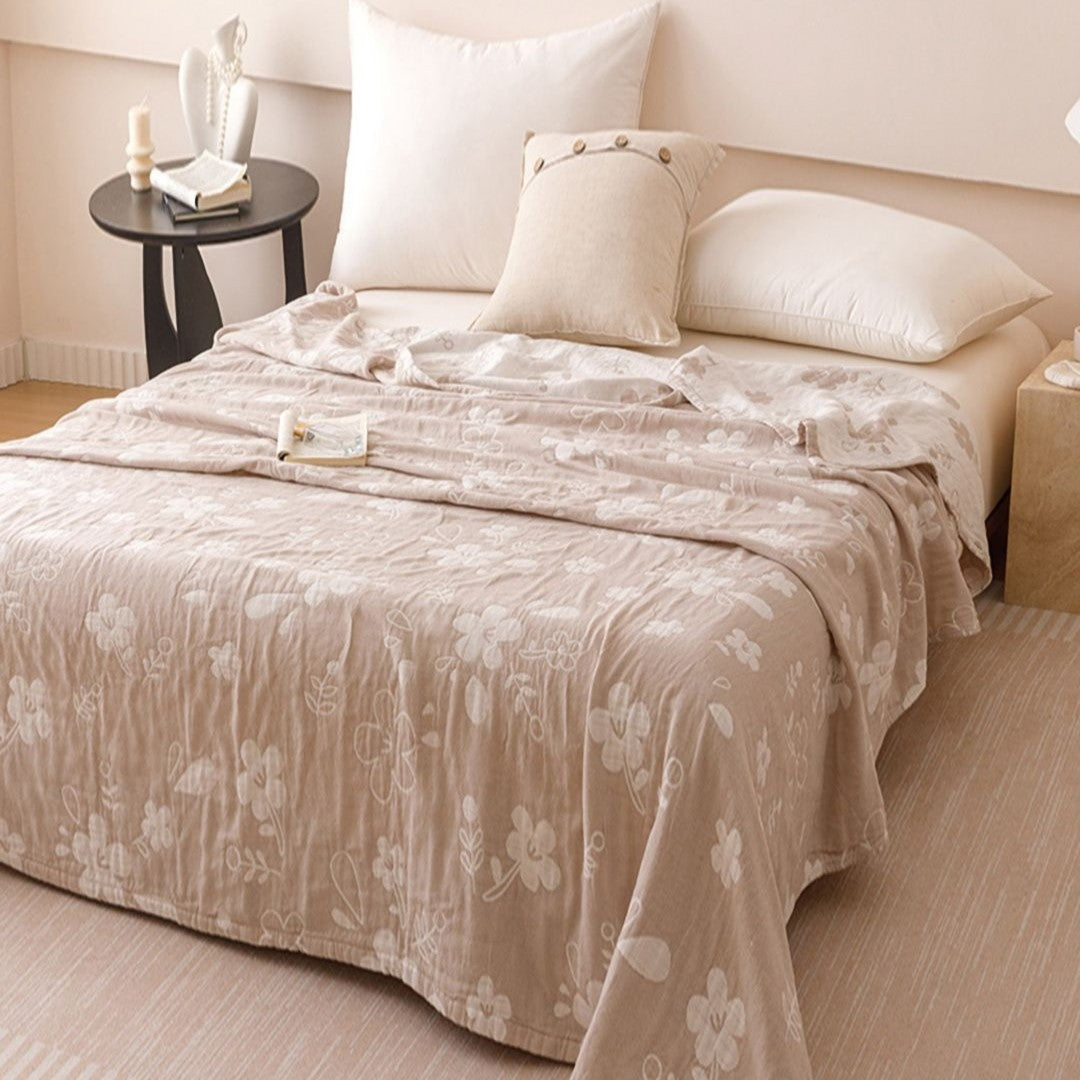 Warm Camel Floral Jacquard Cotton 3 Layer Gauze Quilt LD26