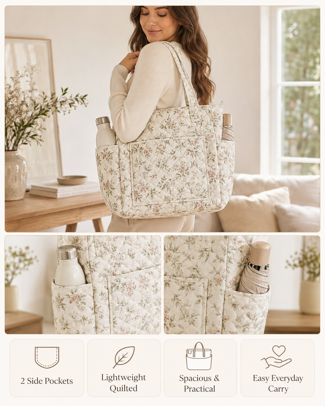 Boho Sun Multiple Pockets Quilted Tote Bag TN01