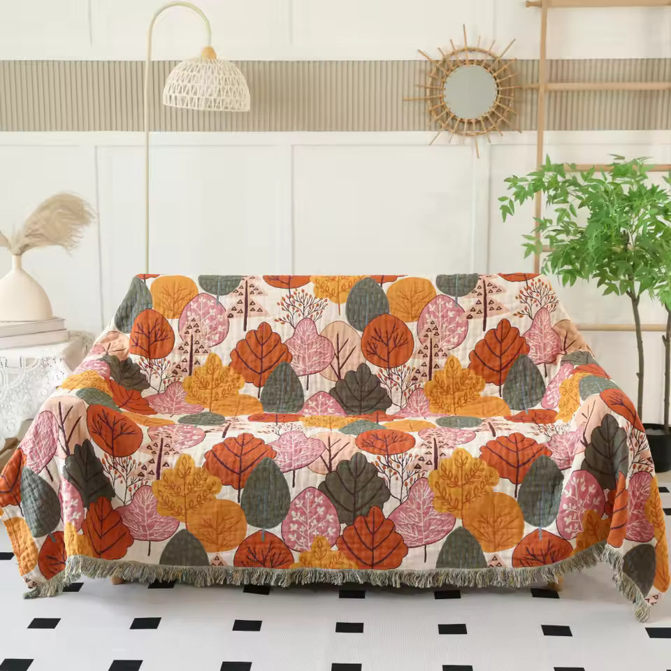 Red Maple Leaves 100% Cotton Gauze Woven Blanket Sofa Towel EM20