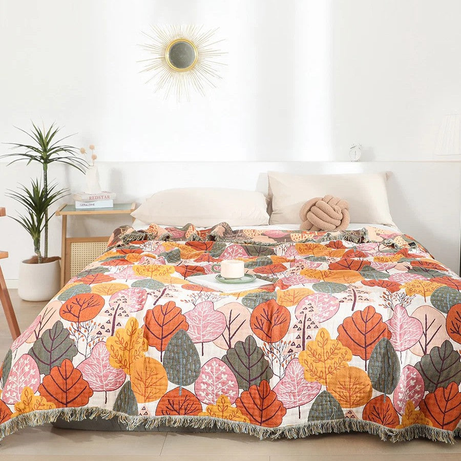 Red Maple Leaves 100% Cotton Gauze Woven Blanket Sofa Towel EM20