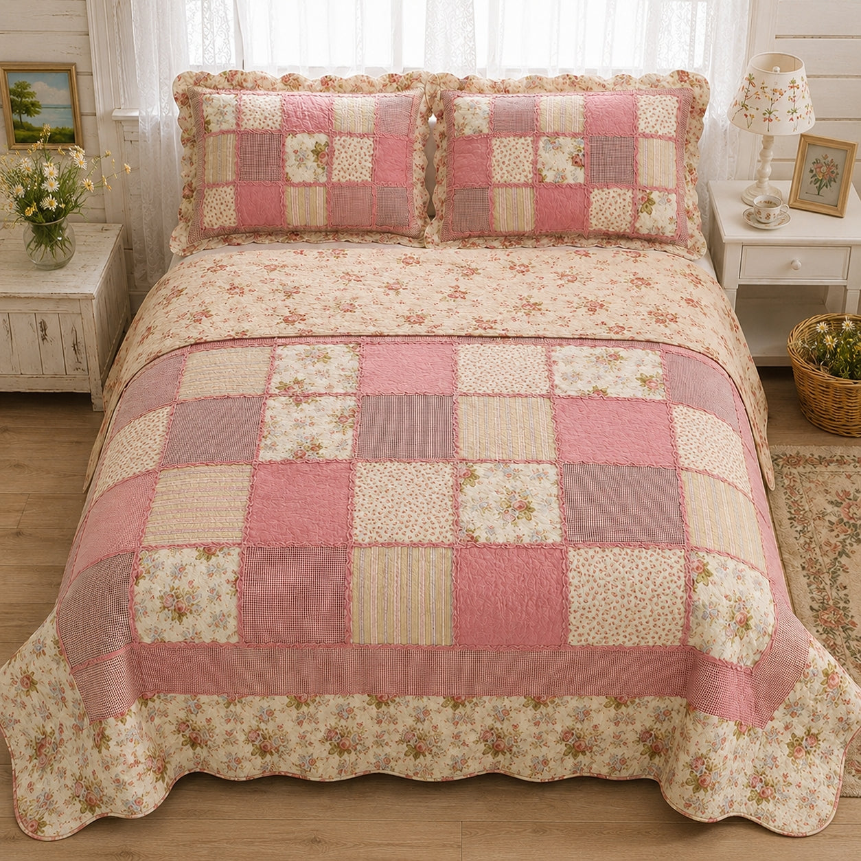 Korean Patchwork Plaid Cotton Handmade Quilt Set EM17