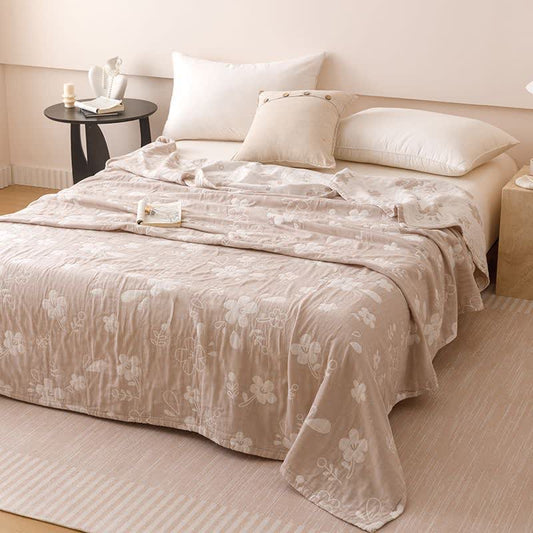 Warm Camel Floral Jacquard Cotton 3 Layer Gauze Quilt LD26