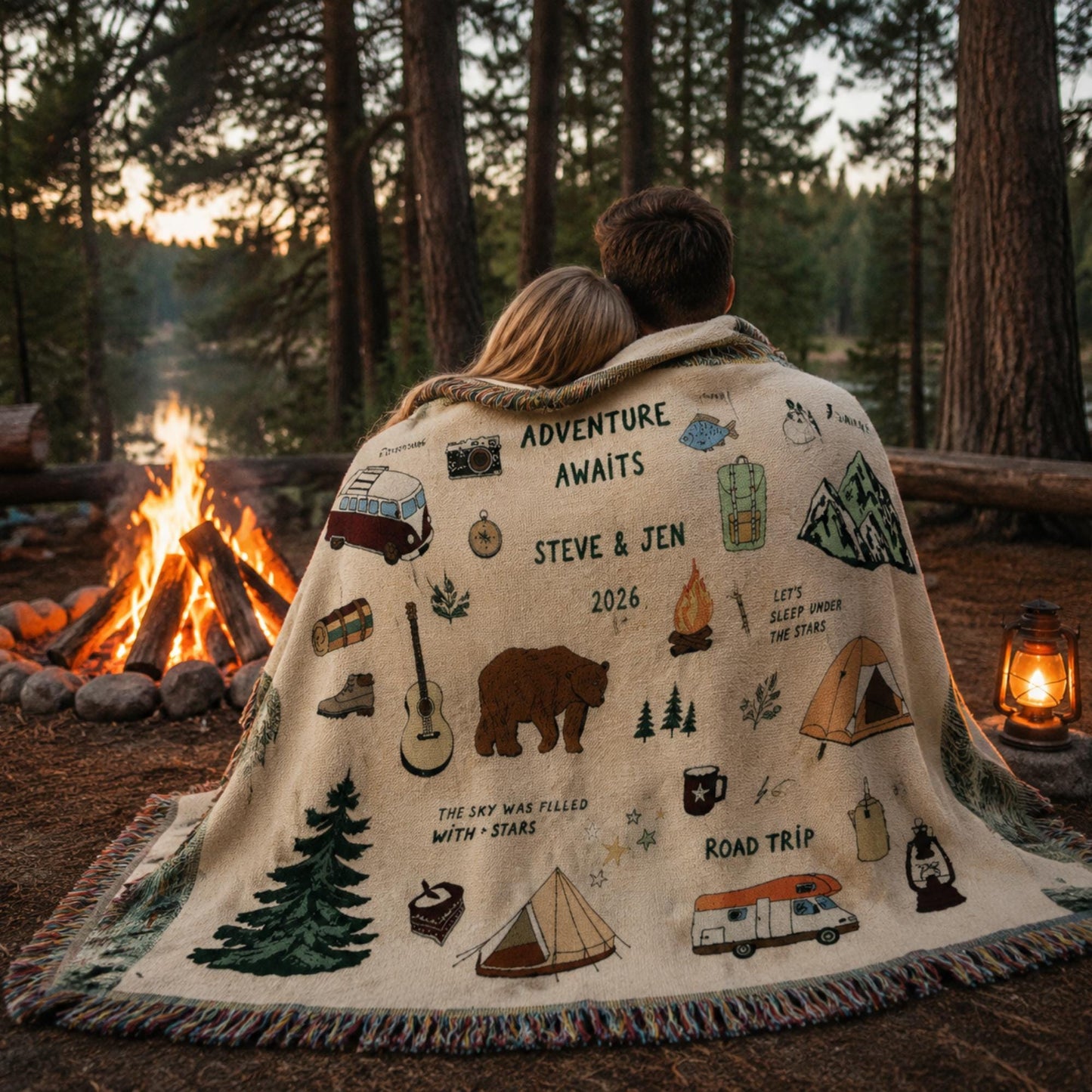 Boho Camping Personalized  Woven Throw Blankets EM01