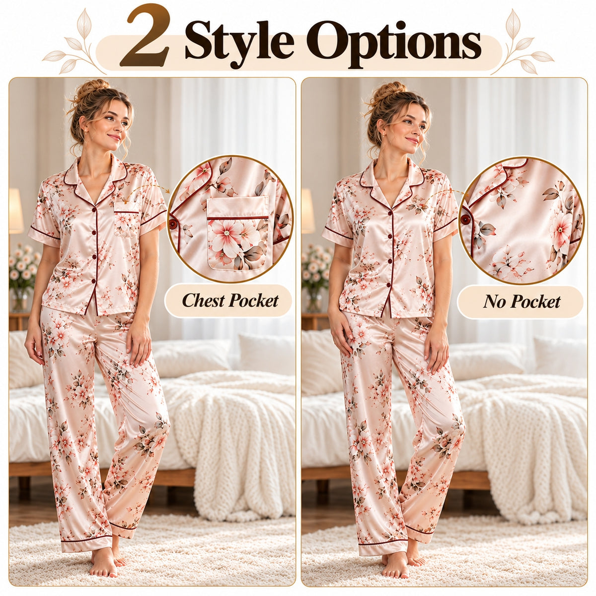 Vintage Camping Adventure Women Satin Pajama Short Sleeves Long Pants TN01
