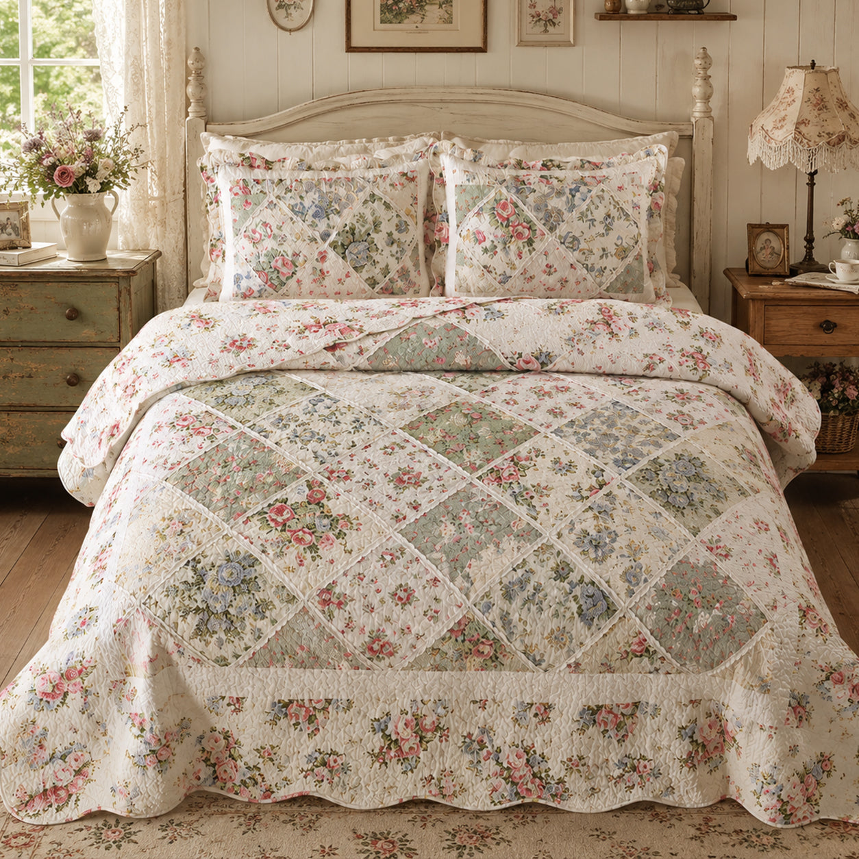 Vintage Floral Cotton Handmade Quilt Set EM16