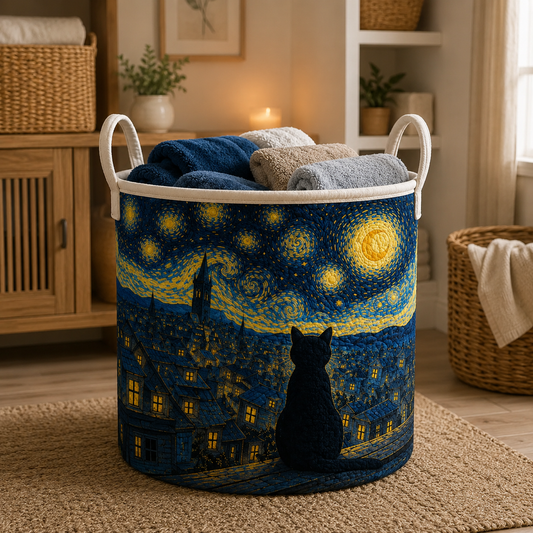 Starry Night Cat Quilted Laundry Basket QV32