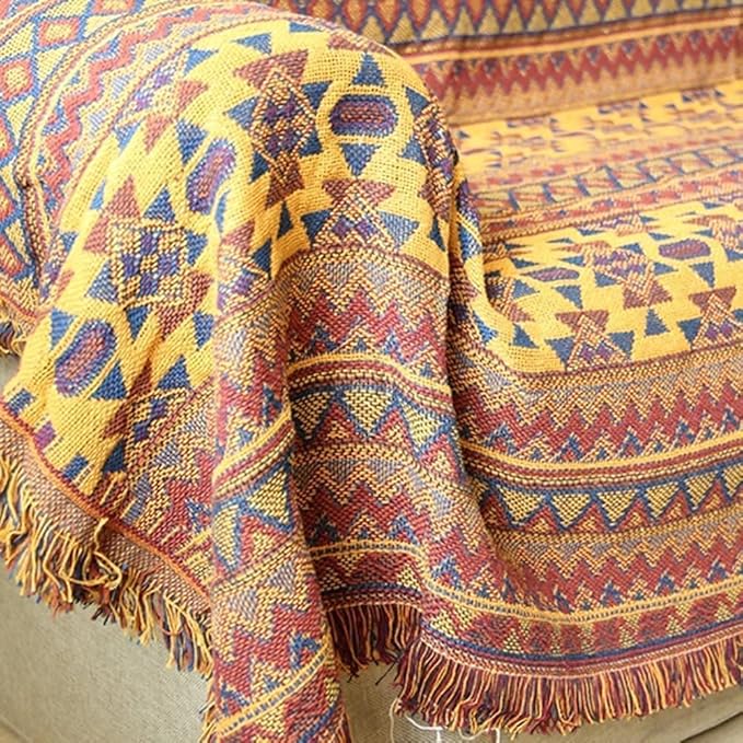 Retro Boho Cotton Linen Woven Line Blanket Sofa Towel