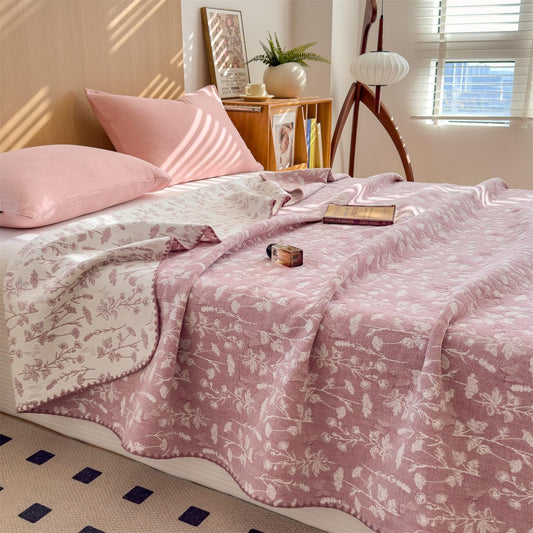 Vintage Leaves Pink Cotton 3 Layer Gauze Quilt LD23