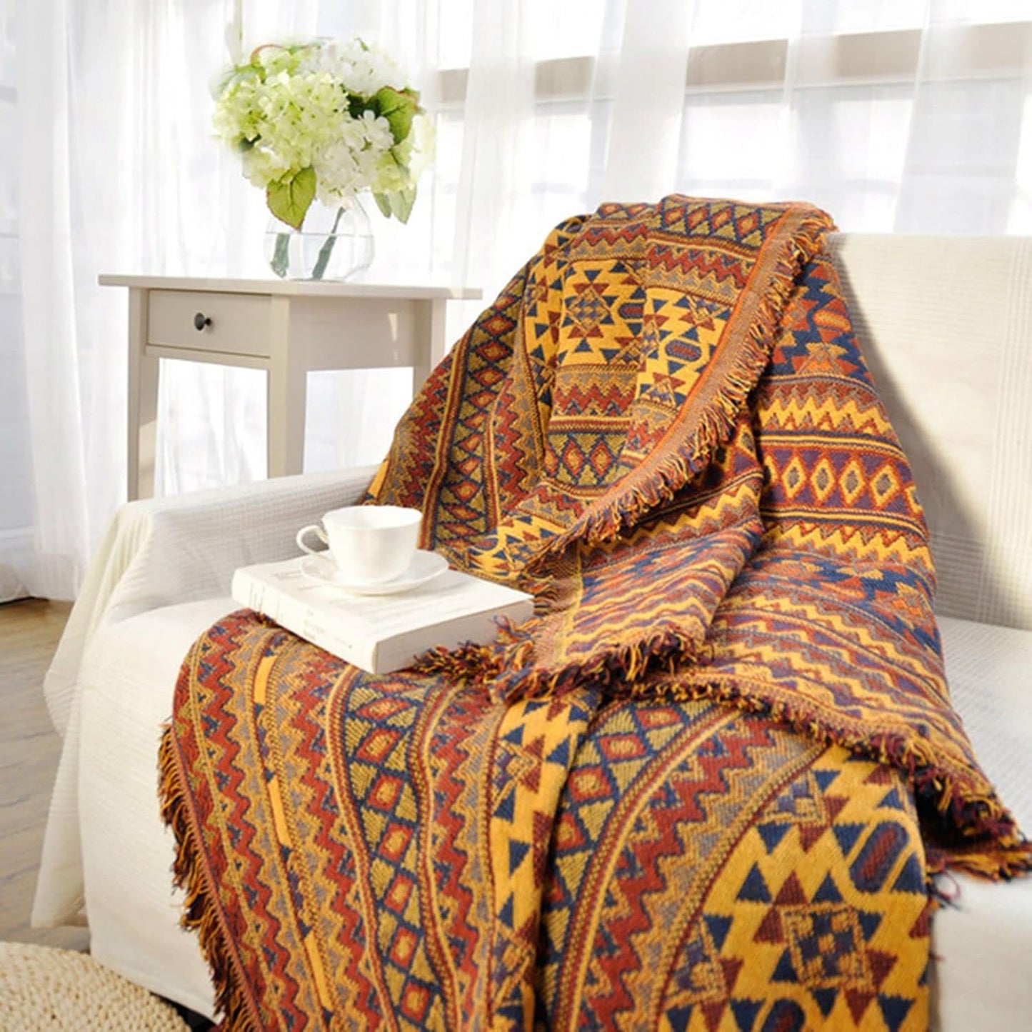 Retro Boho Cotton Linen Woven Line Blanket Sofa Towel
