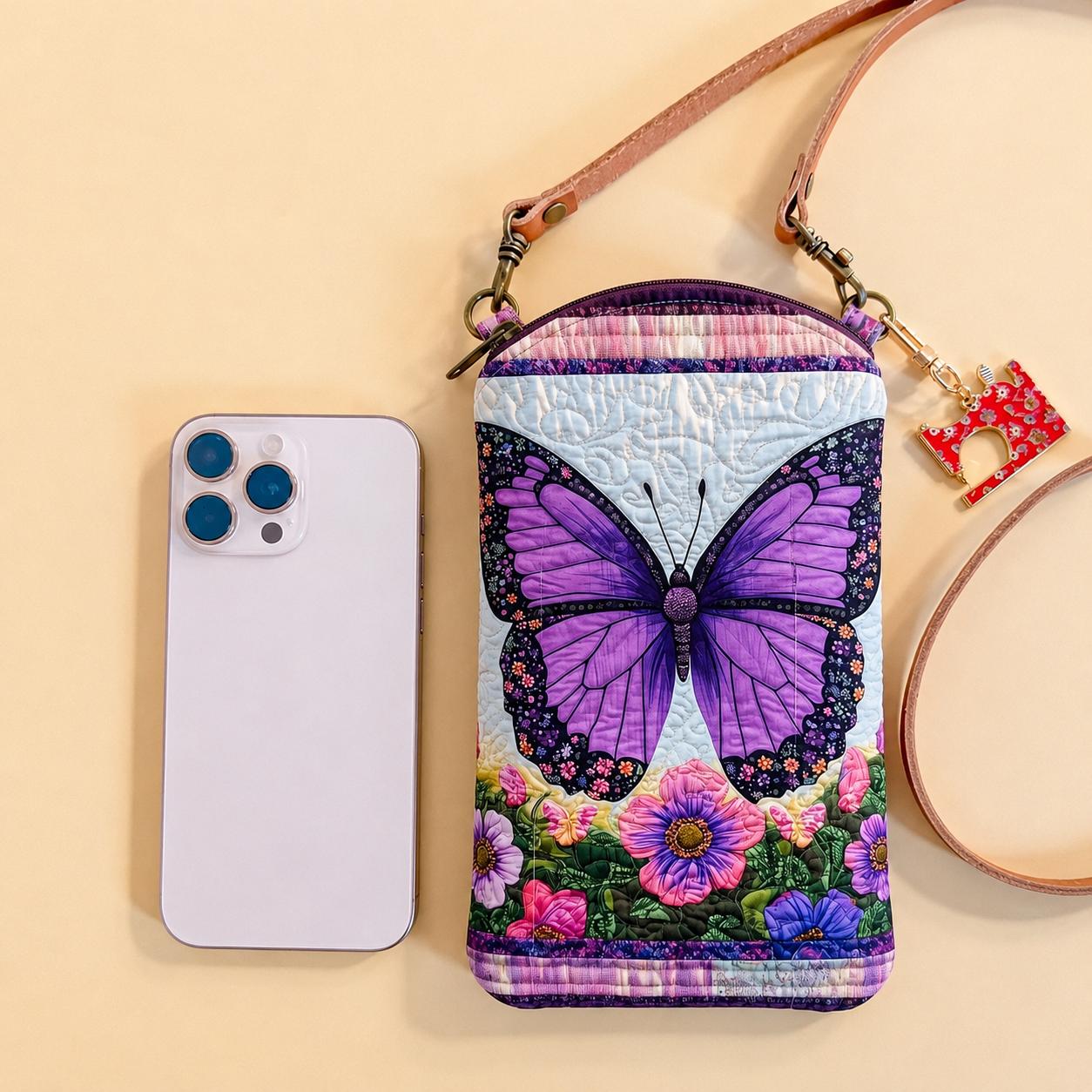 Lavender Butterfly Quilted Slim Phone Crossbody Bag LD02