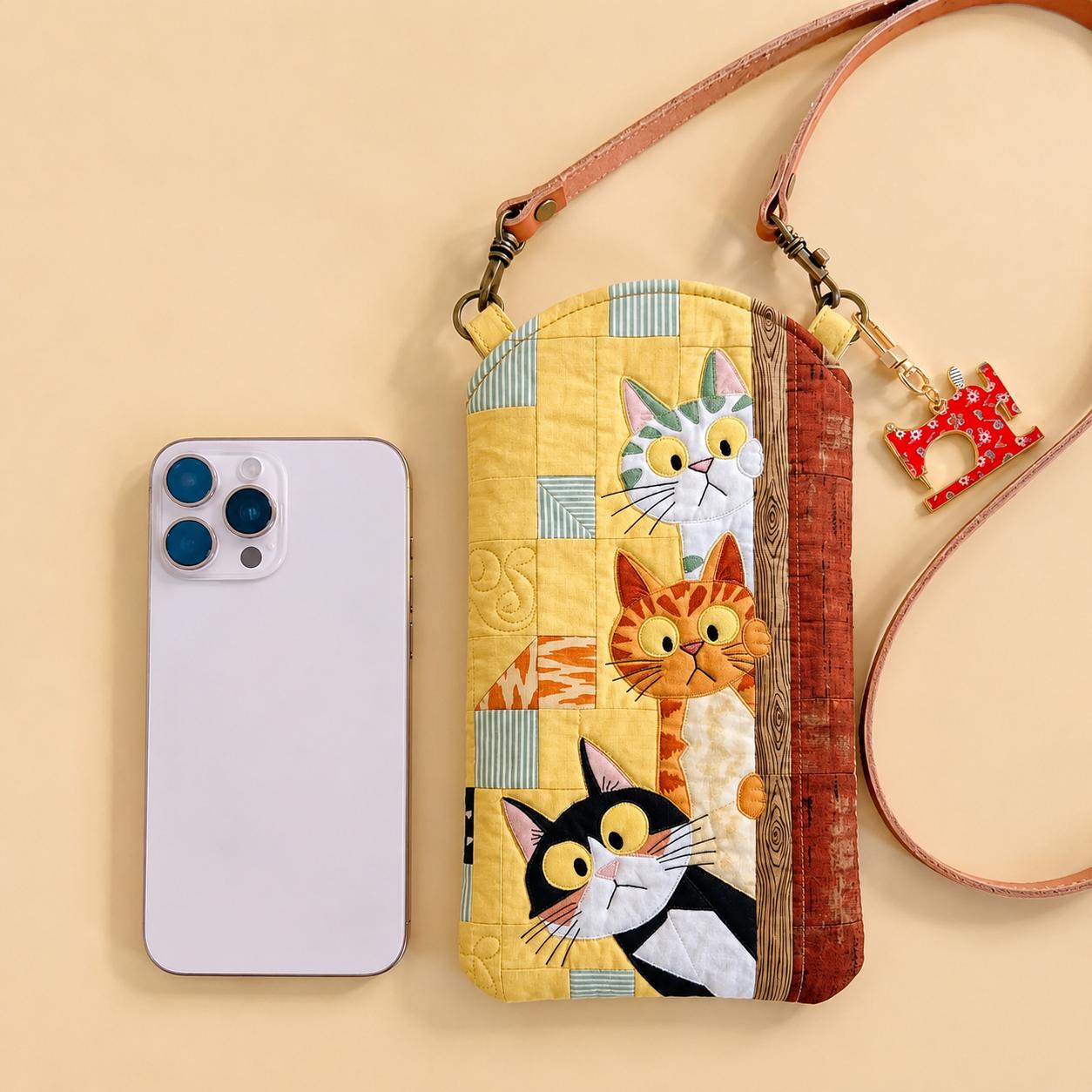 Cute 3 Cats Patchwork Quilted Slim Phone Crossbody Bag LD05