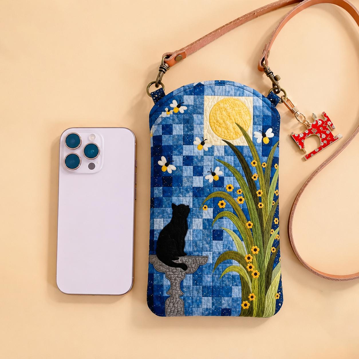 Black Cat and Full Moon Quilted Slim Phone Crossbody Bag LD06