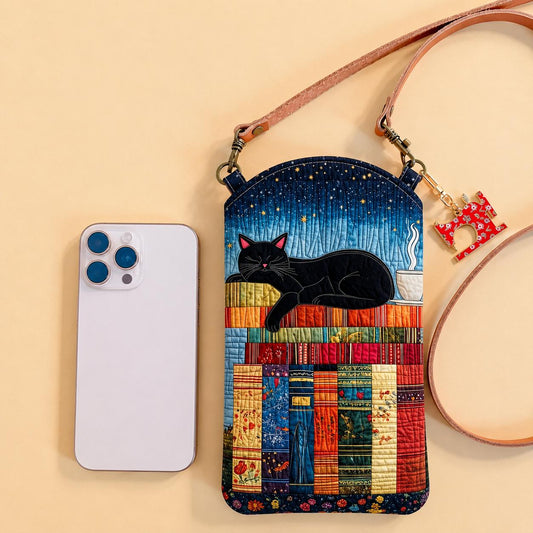 The Cozy Cat & Books Quilted Slim Phone Crossbody Bag LD09