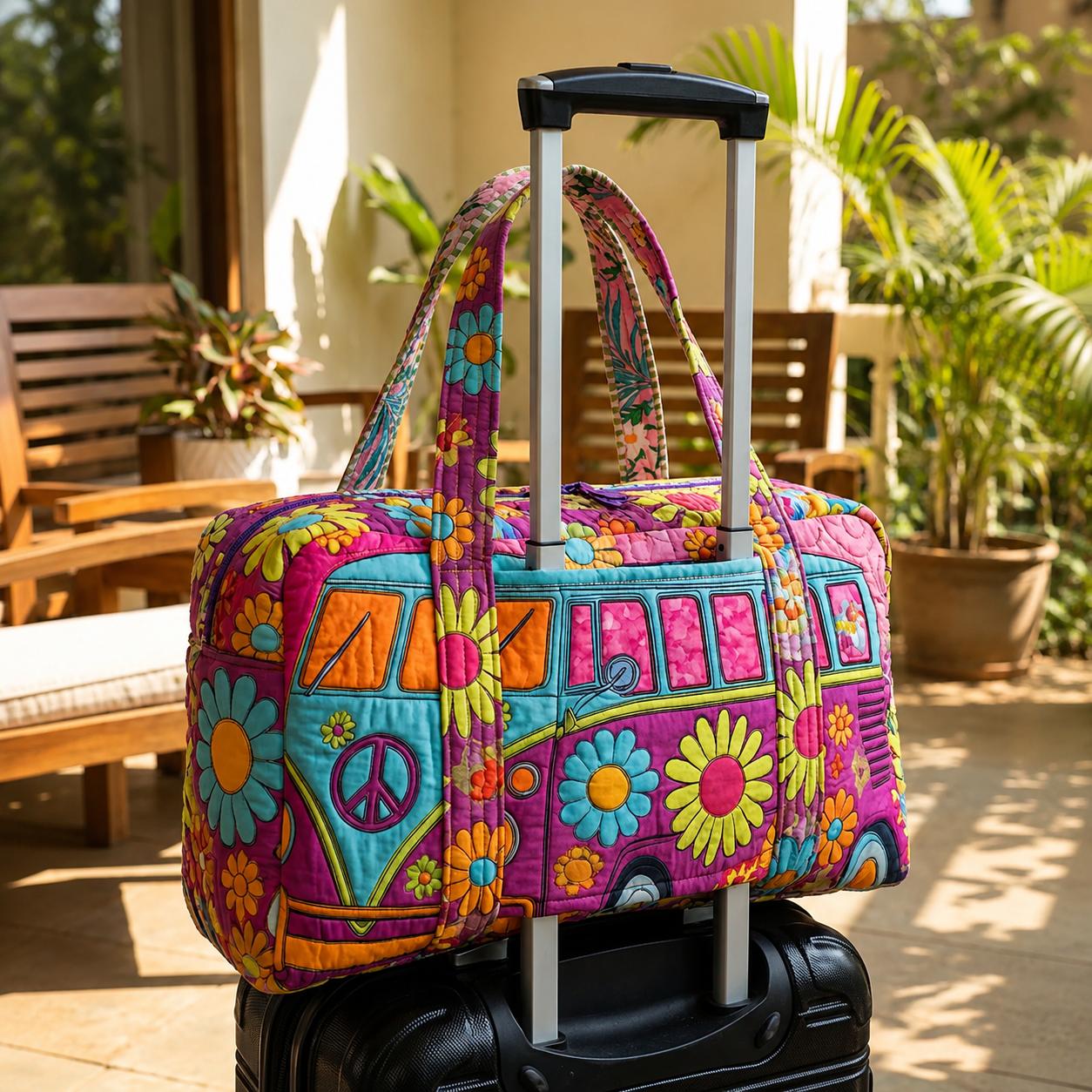 Hippie Van Flower Quilted Travel Bag with Trolley Sleeve LD03