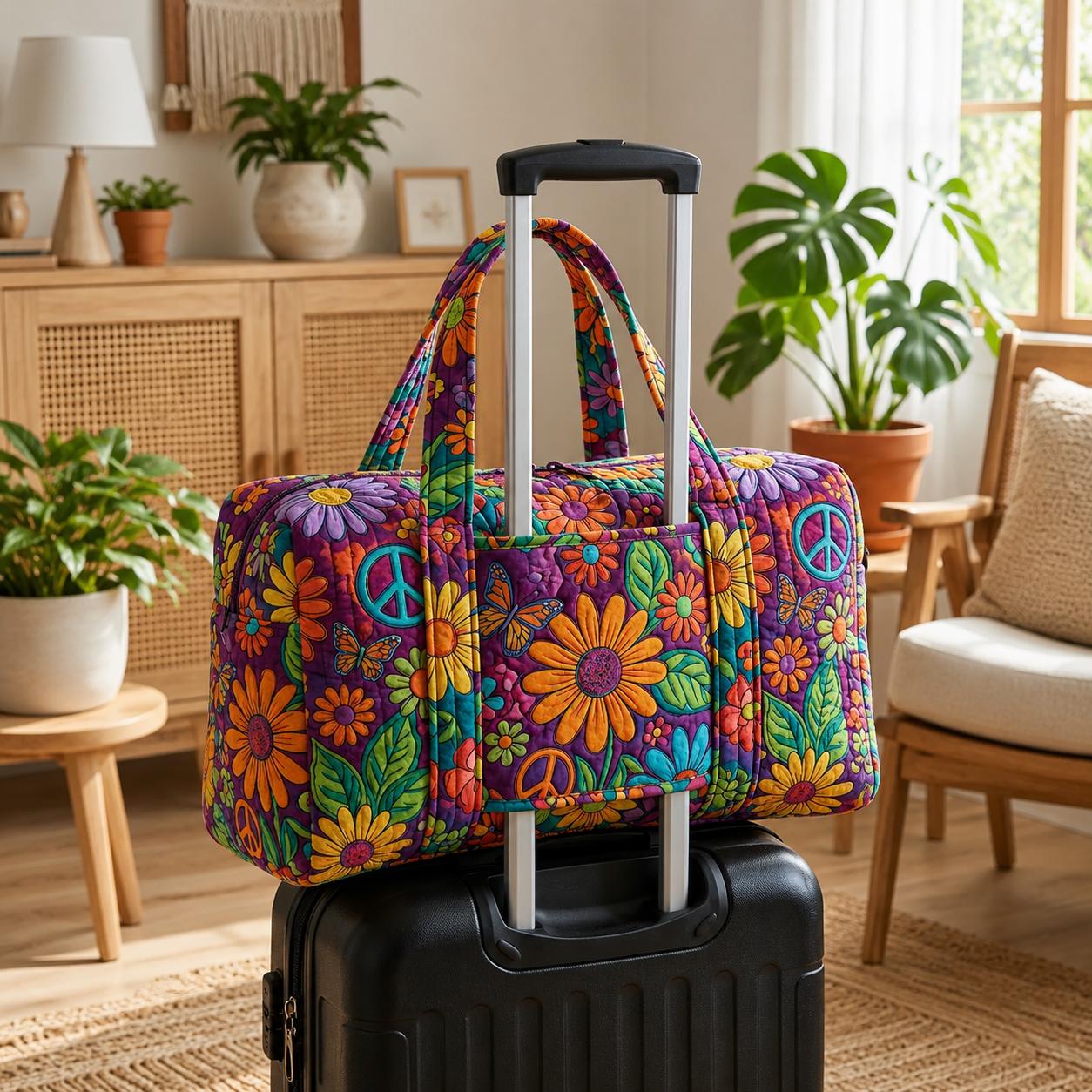 Retro Peace Sign Quilted Travel Bag with Trolley Sleeve LD07