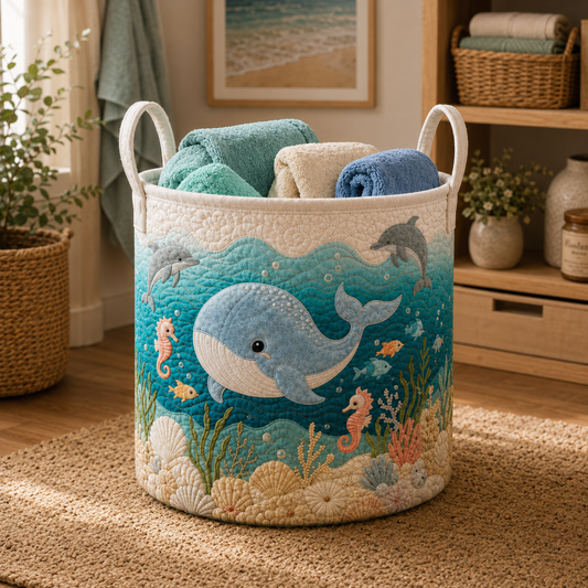Ocean Whale Quilted Laundry Basket QV35