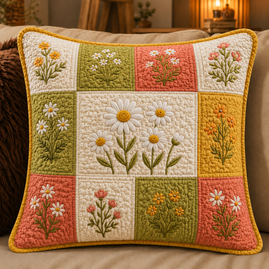 Daisy Flower Pattern  Quilted Pillow Cover QV06