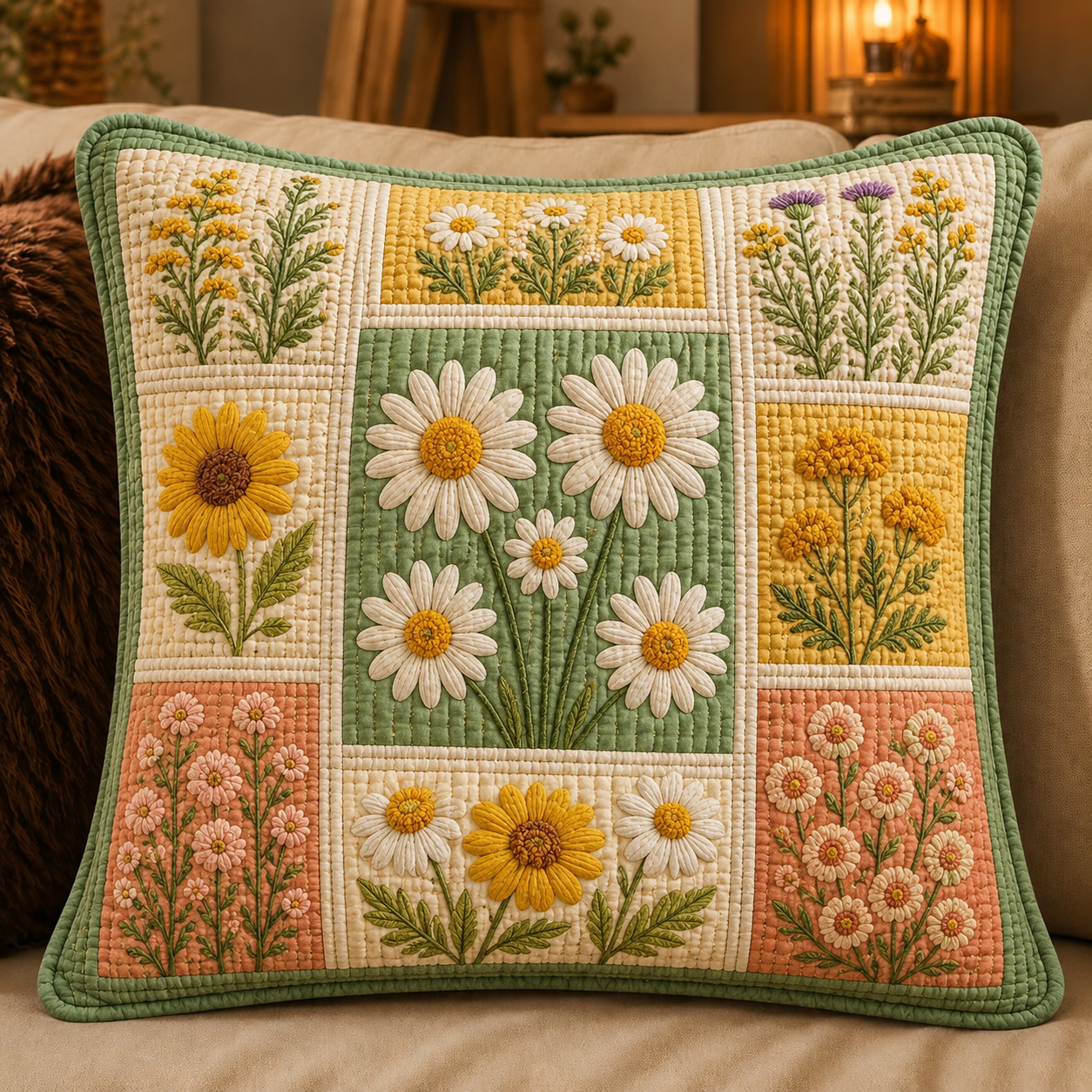Boho Daisy Patchwork  Quilted Pillow Cover QV04