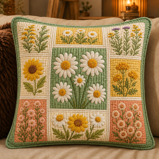 Boho Daisy Patchwork  Quilted Pillow Cover QV04