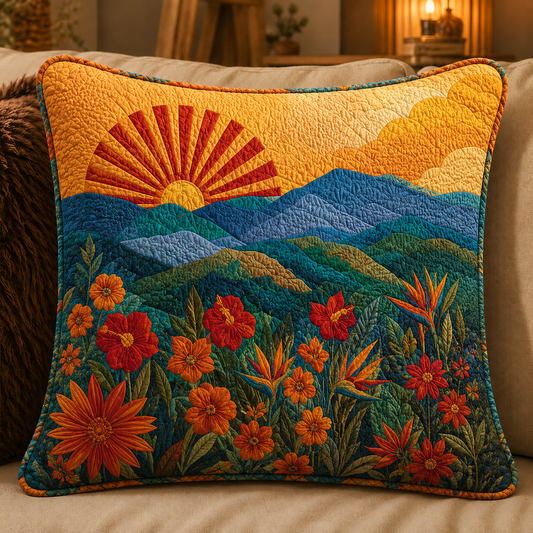 Sunrise Mountain & Floral Quilted Pillow Cover QV16