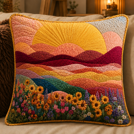 Boho Sun & Mountain Quilted Pillow Cover QV18