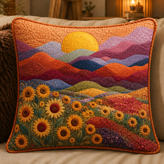 Sunflower & Mountain Sunset Quilted Pillow Cover QV19