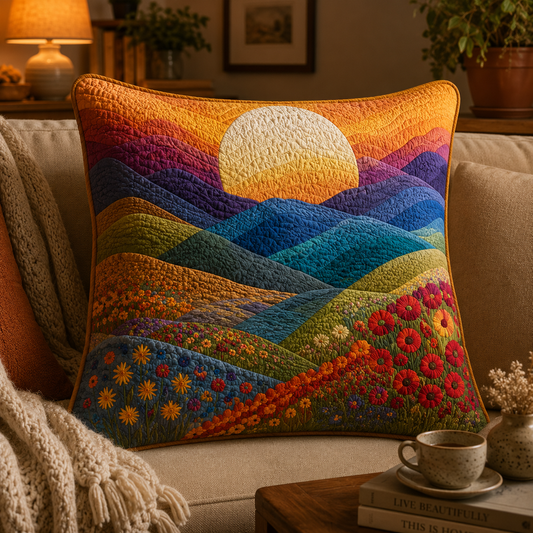 Boho Sunset Mountain Quilted Pillow Cover QV21