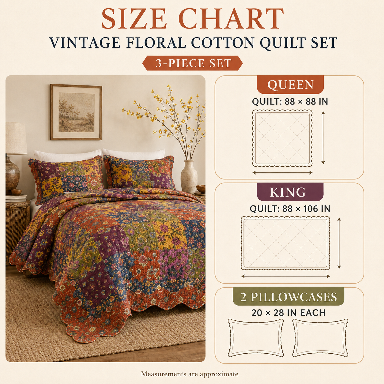 Vintage Floral Patchwork Cotton Handmade Quilt Set EM9