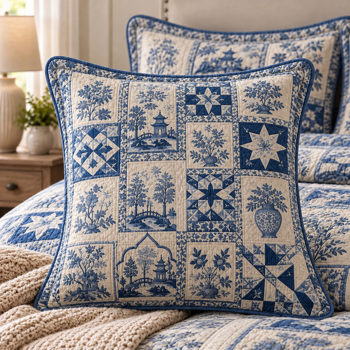 Blue & White Chinoiserie Patchwork Quilted Pillow Cover LD21QLTPLC