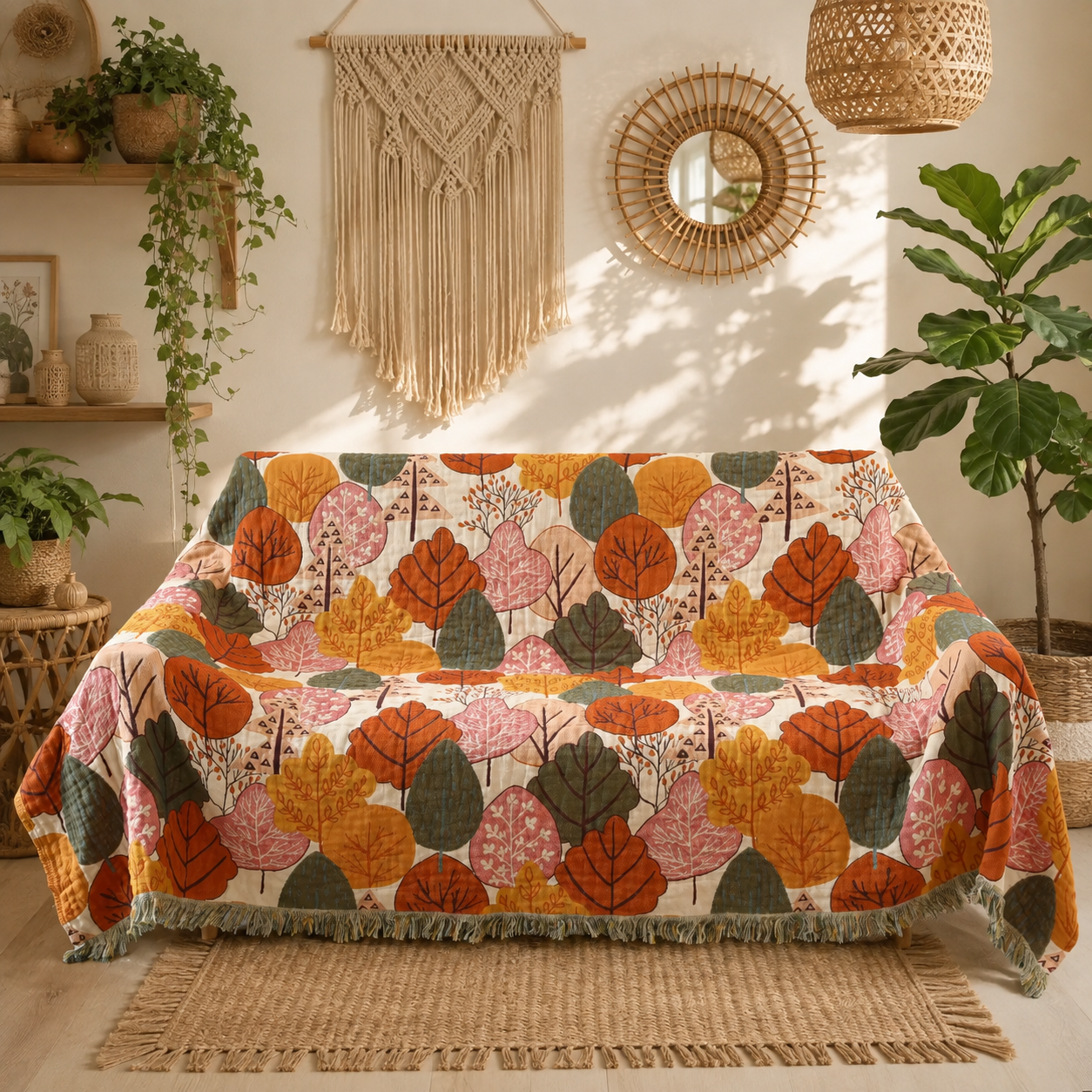 Red Maple Leaves 100% Cotton Gauze Woven Blanket Sofa Towel EM20