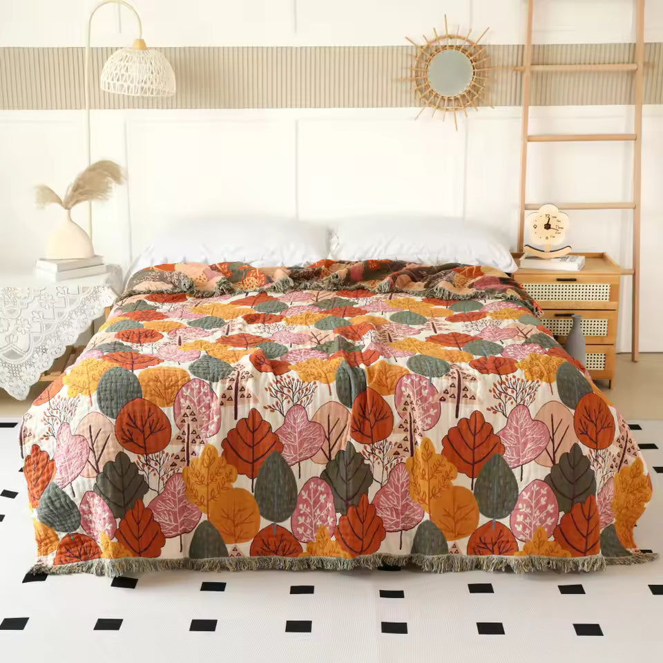 Red Maple Leaves 100% Cotton Gauze Woven Blanket Sofa Towel EM20