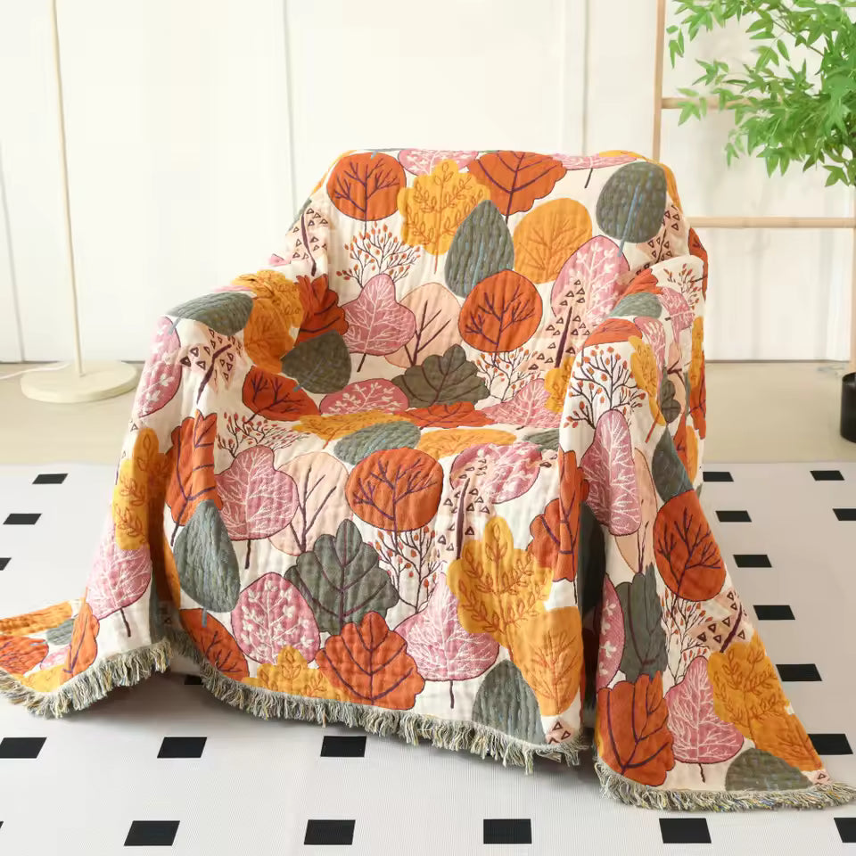Red Maple Leaves 100% Cotton Gauze Woven Blanket Sofa Towel EM20