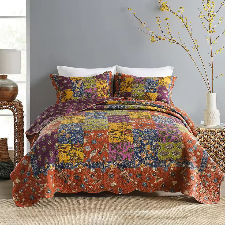 Vintage Floral Patchwork Cotton Handmade Quilt Set EM9