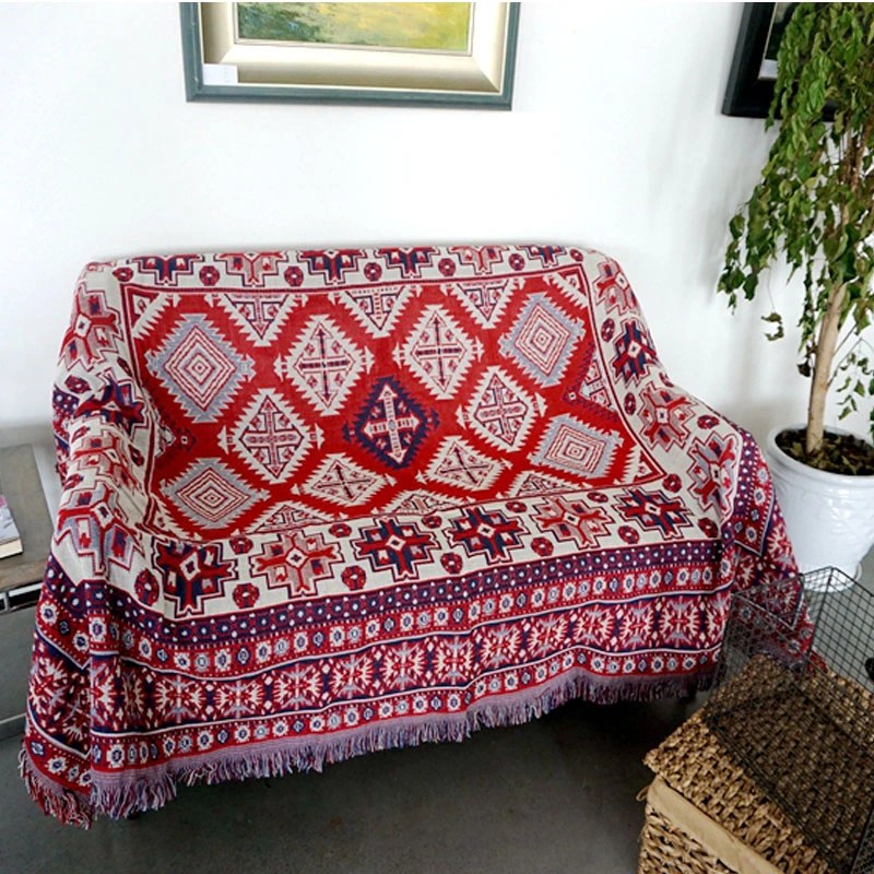 Vintage Bohemian Cotton Linen Woven Line Blanket Sofa Towel EM3