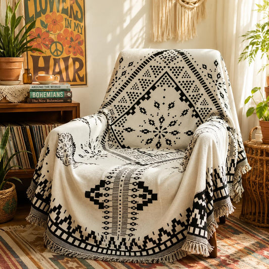 Black and White Patterned Cotton Linen Woven Line Blanket Sofa Towel EM5