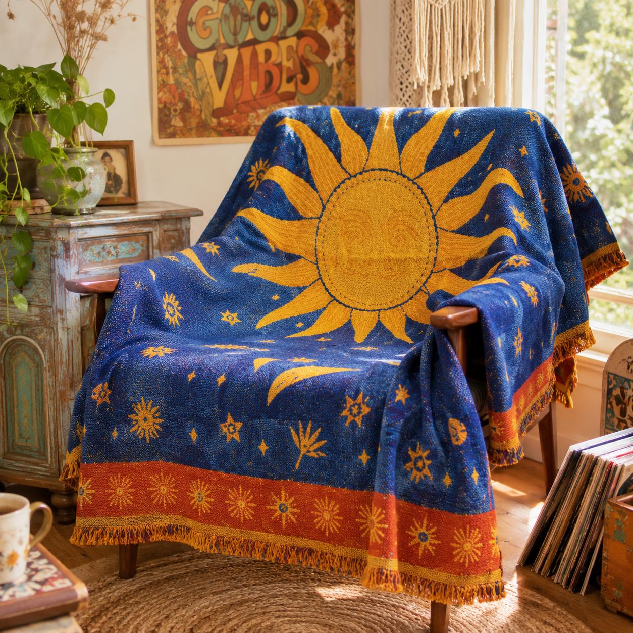 Celestial Sun & Moon Cotton Linen Woven Line Blanket Sofa Towel EM8