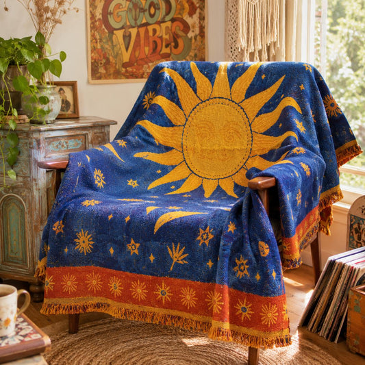 Celestial Sun & Moon Cotton Linen Woven Line Blanket Sofa Towel EM8