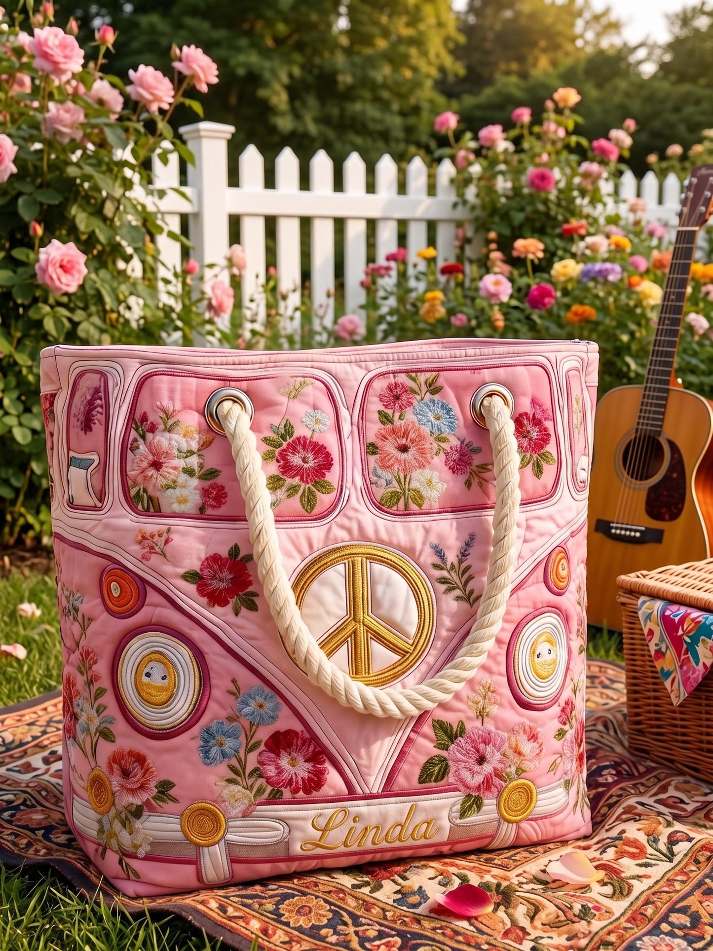 Pink Floral Hippie Personalized Quilted Beach Bag EM02
