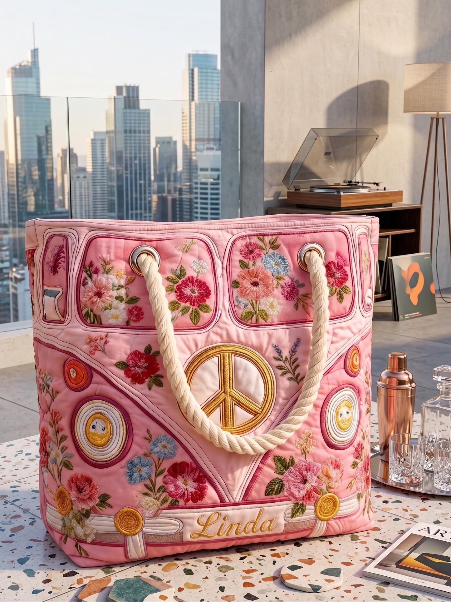 Pink Floral Hippie Personalized Quilted Beach Bag EM02