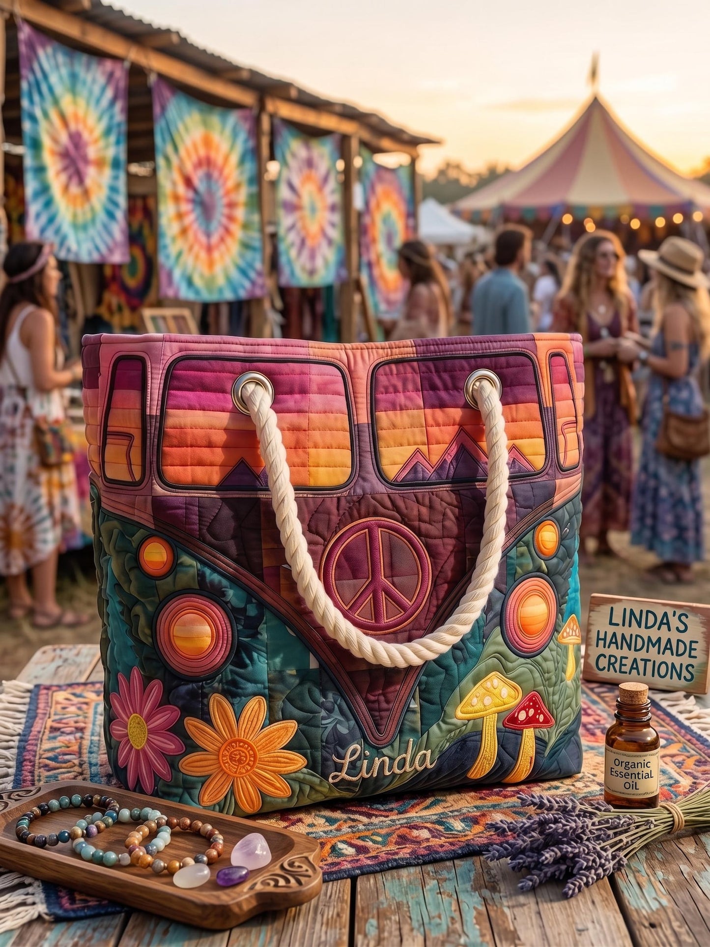 Mushroom Daisy Hippie Personalized Quilted Beach Bag EM03