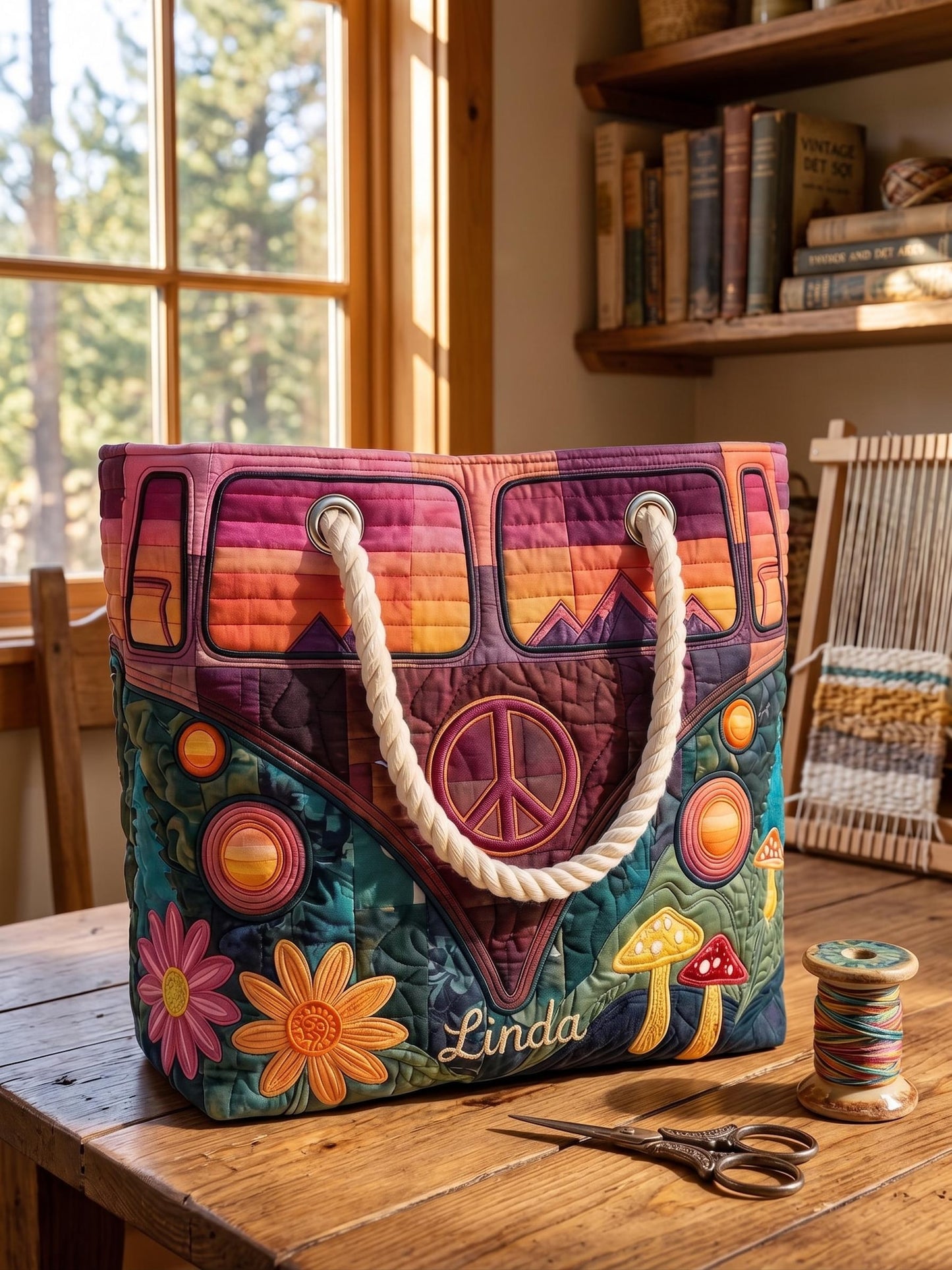 Mushroom Daisy Hippie Personalized Quilted Beach Bag EM03
