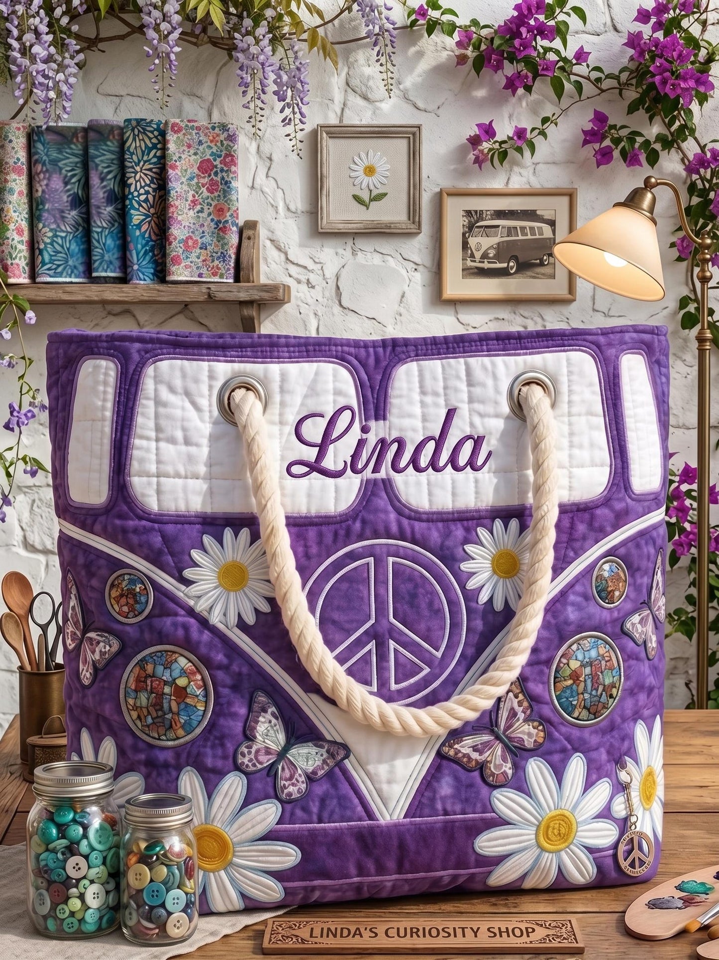 Purple Daisy Butterfly Personalized Quilted Beach Bag EM04