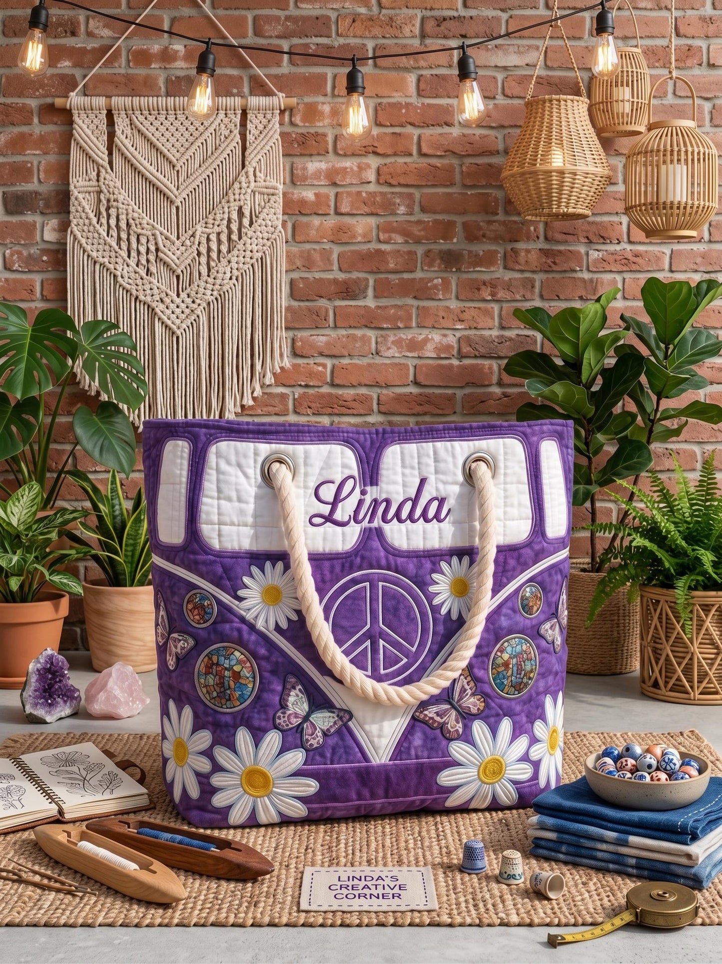 Purple Daisy Butterfly Personalized Quilted Beach Bag EM04