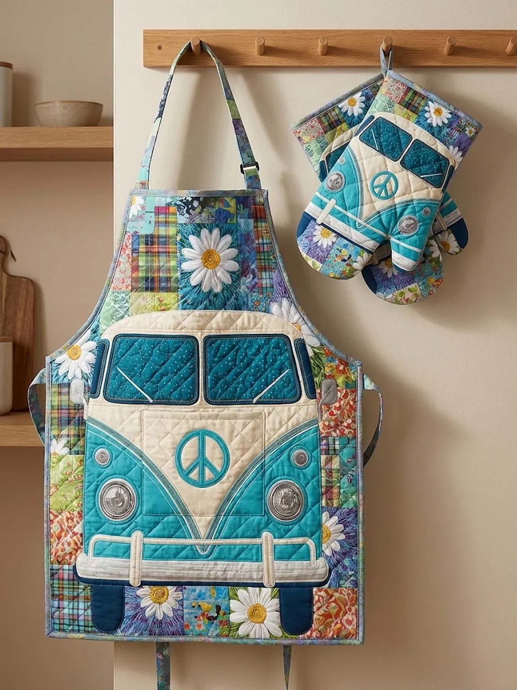 Retro Peace & Love Camper Van Quilt Apron and Gloves  EM01