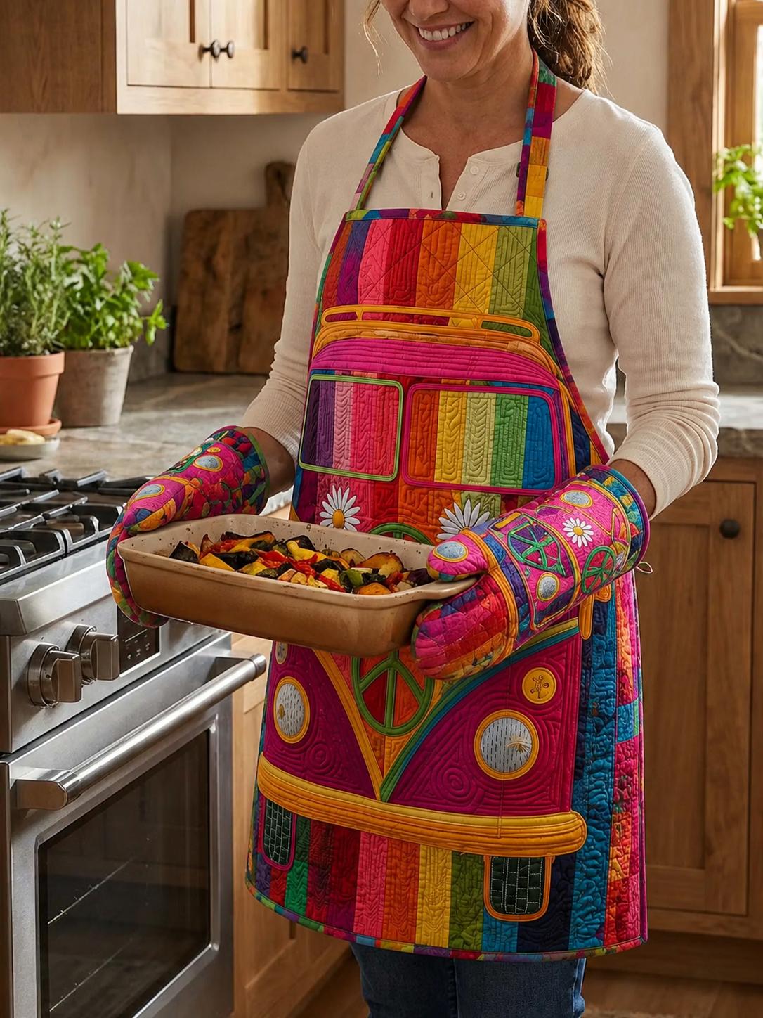 Retro Rainbow Camper Van Quilt Apron and Gloves  EM05