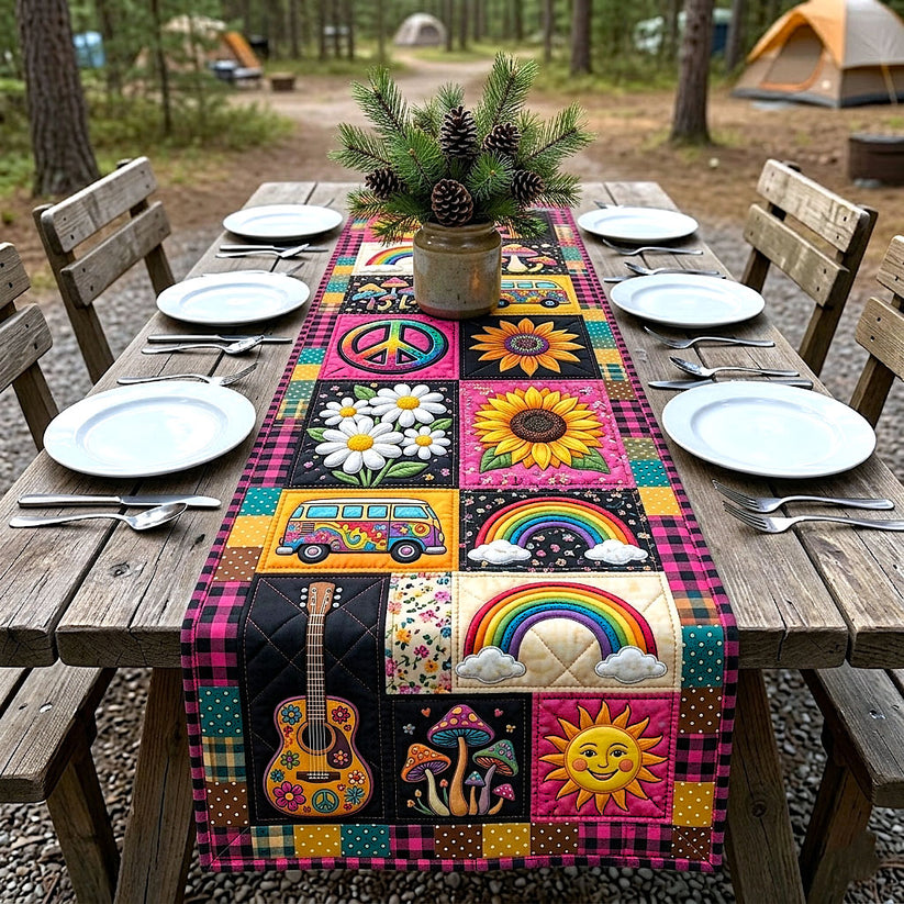 Hippie Boho Camping Peace Sunflower Rainbow Quilted Table Runner EM01