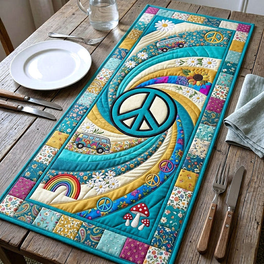 Hippie Peace Rainbow Daisy Camping Quilted Table Runner EM02