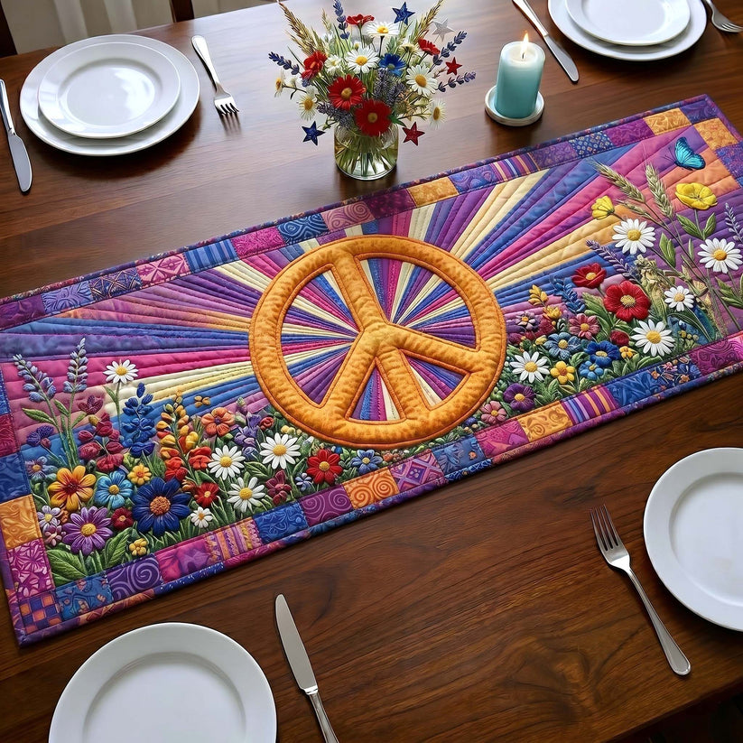 Peace Sign Wildflower Rainbow Hippie Quilted Table Runner EM03