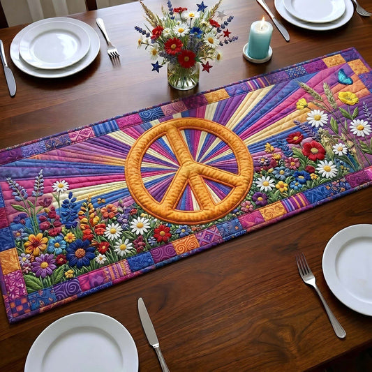 Peace Sign Wildflower Rainbow Hippie Quilted Table Runner EM03